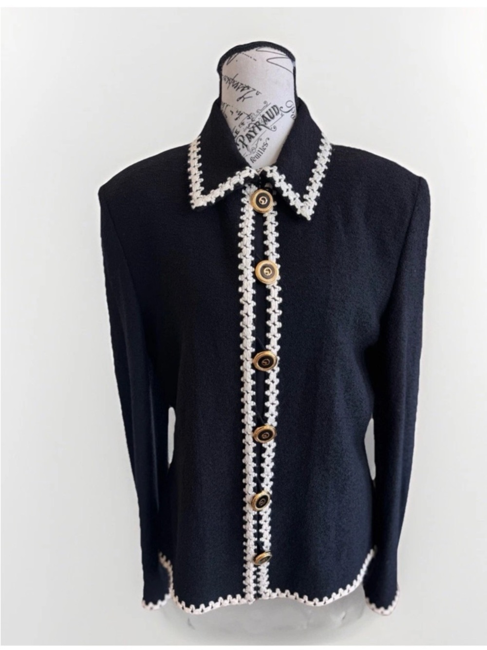 St John Collection Black White Trim blazer Button Down cardigan Jacket Size 10